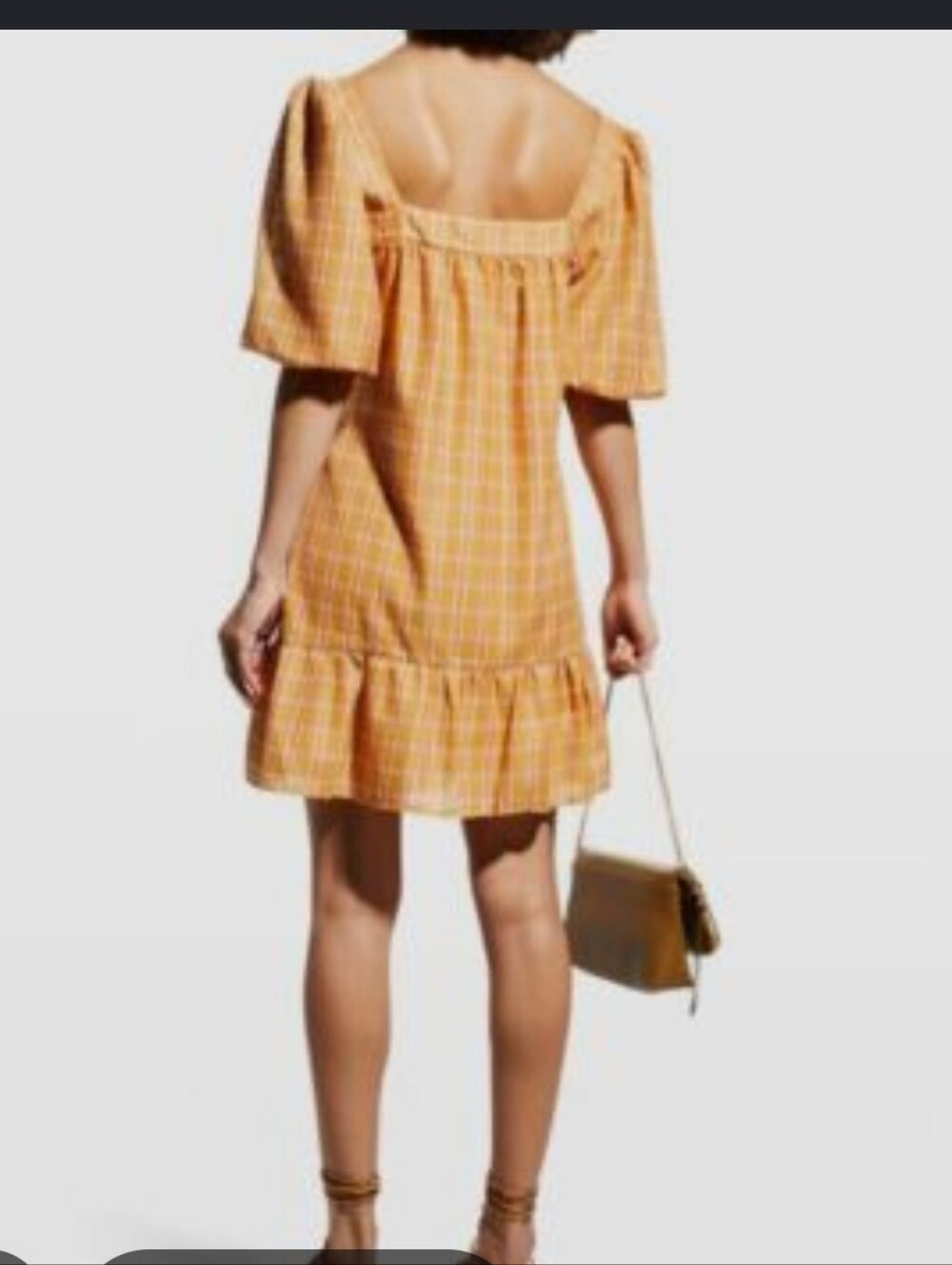 Nwt. Marie Oliver Women's Square Neck Puff Sleeve Dress in Mustard Plaid - Picture 2 of 6